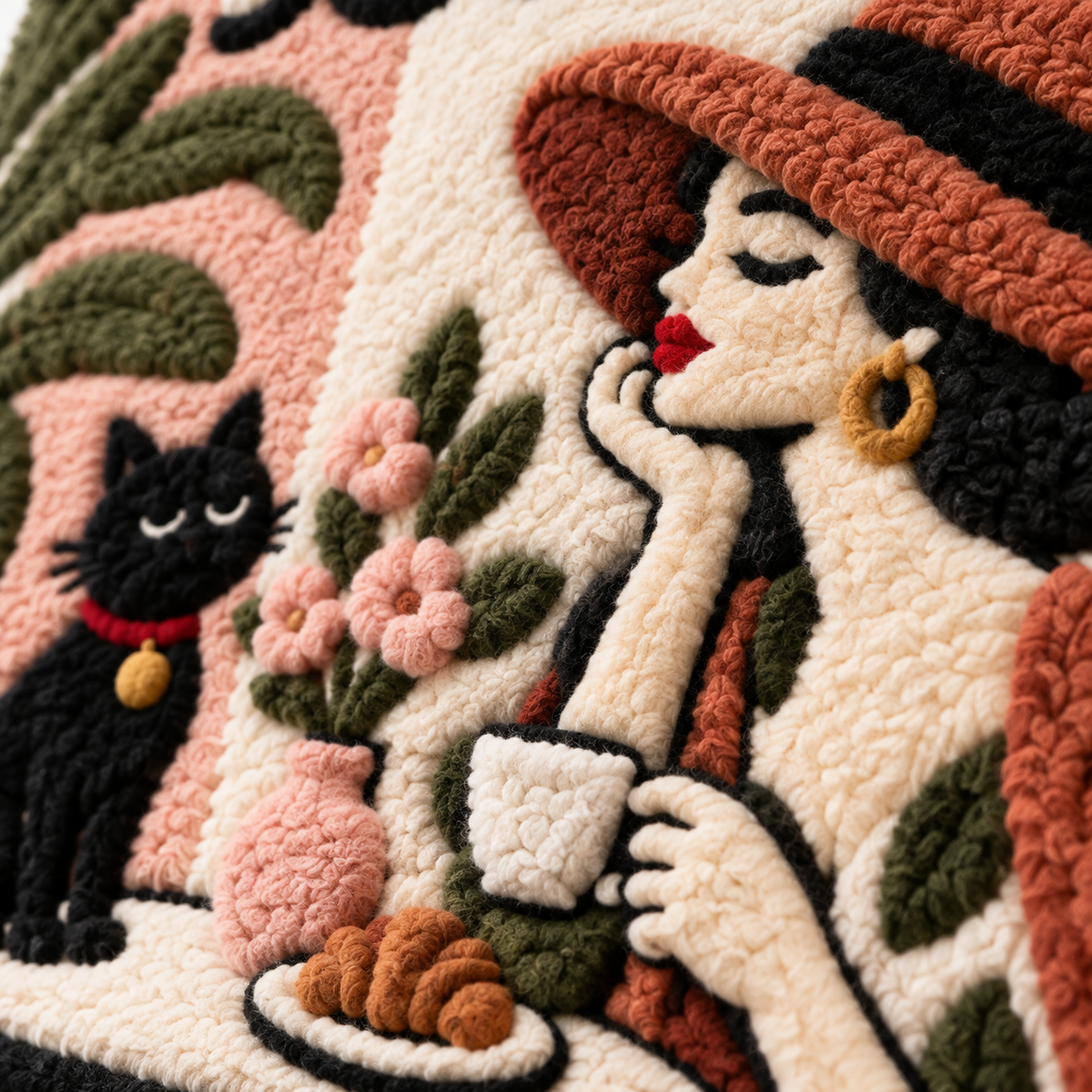 A Rose-Tinted Café Pause — tufted wool texture detail