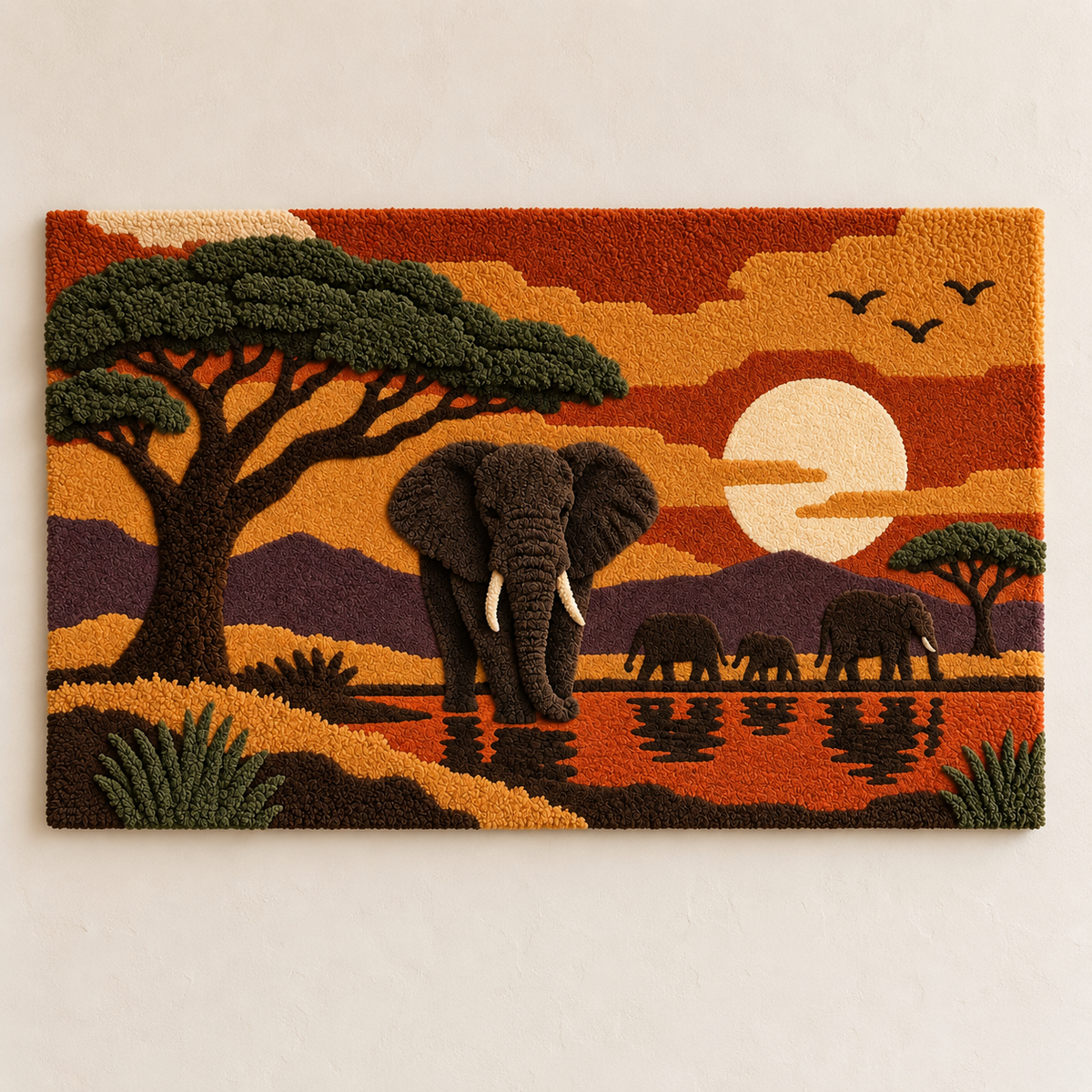 Hewn Earth Acacia Sunset Elephants wall art featuring silhouettes of elephants against a warm sunset background.