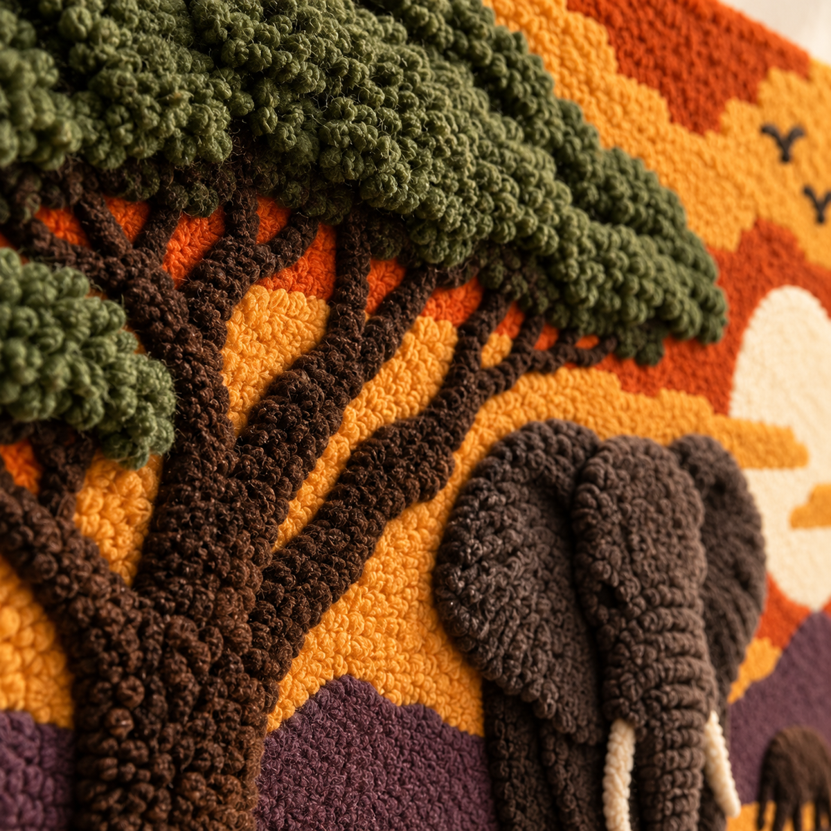 Hewn Earth Acacia Sunset Elephants wall art featuring a detailed depiction of elephants against a sunset background.