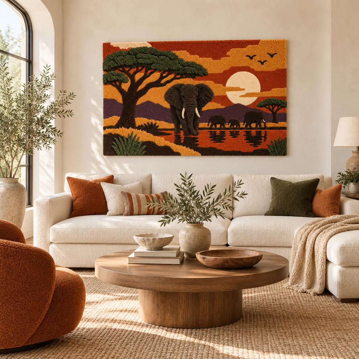 Hewn Earth Acacia Sunset Elephants wall art featuring a vibrant sunset scene with elephants, perfect for wall decor.