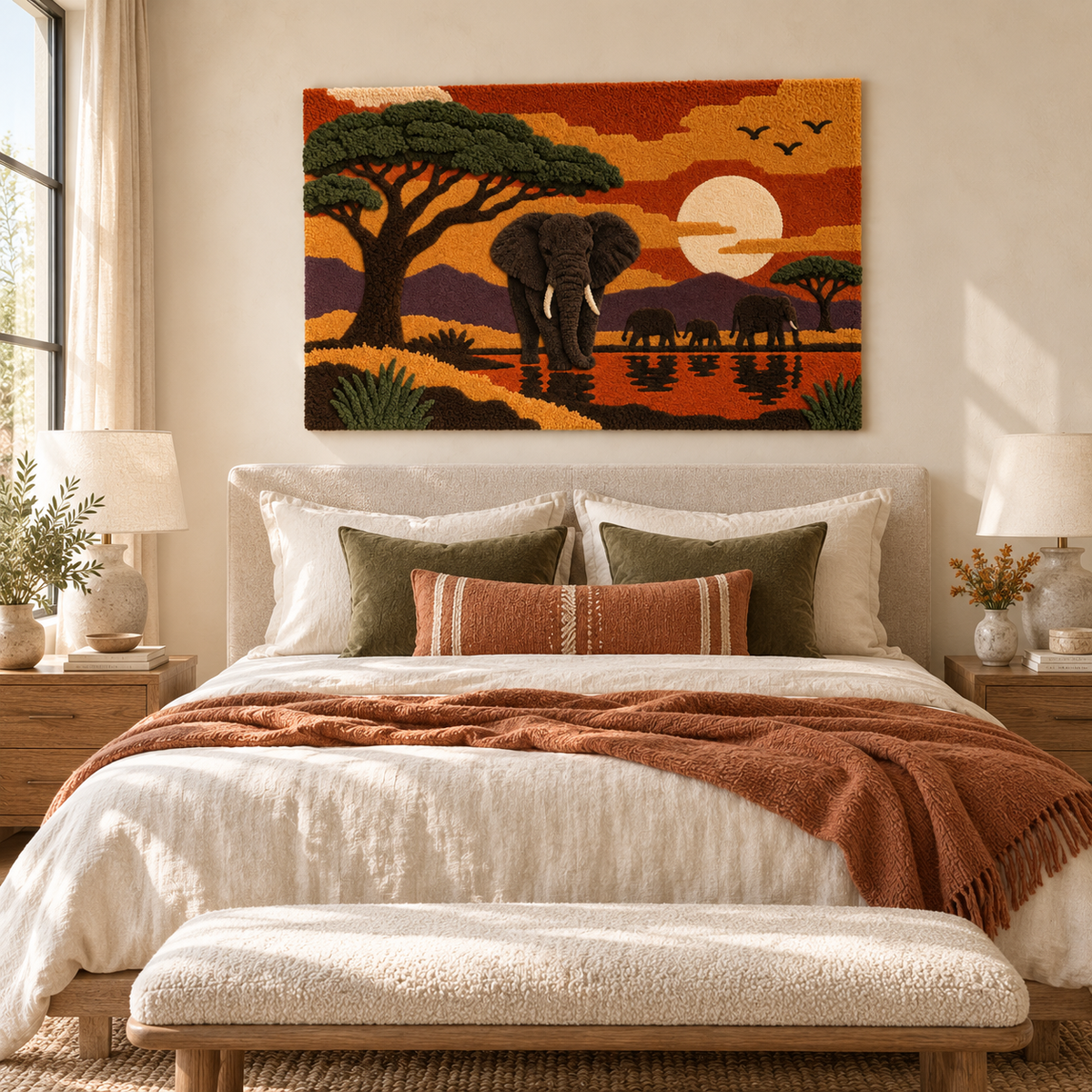 Hewn Earth Acacia Sunset Elephants wall art featuring silhouettes of elephants and acacia trees against a sunset background.
