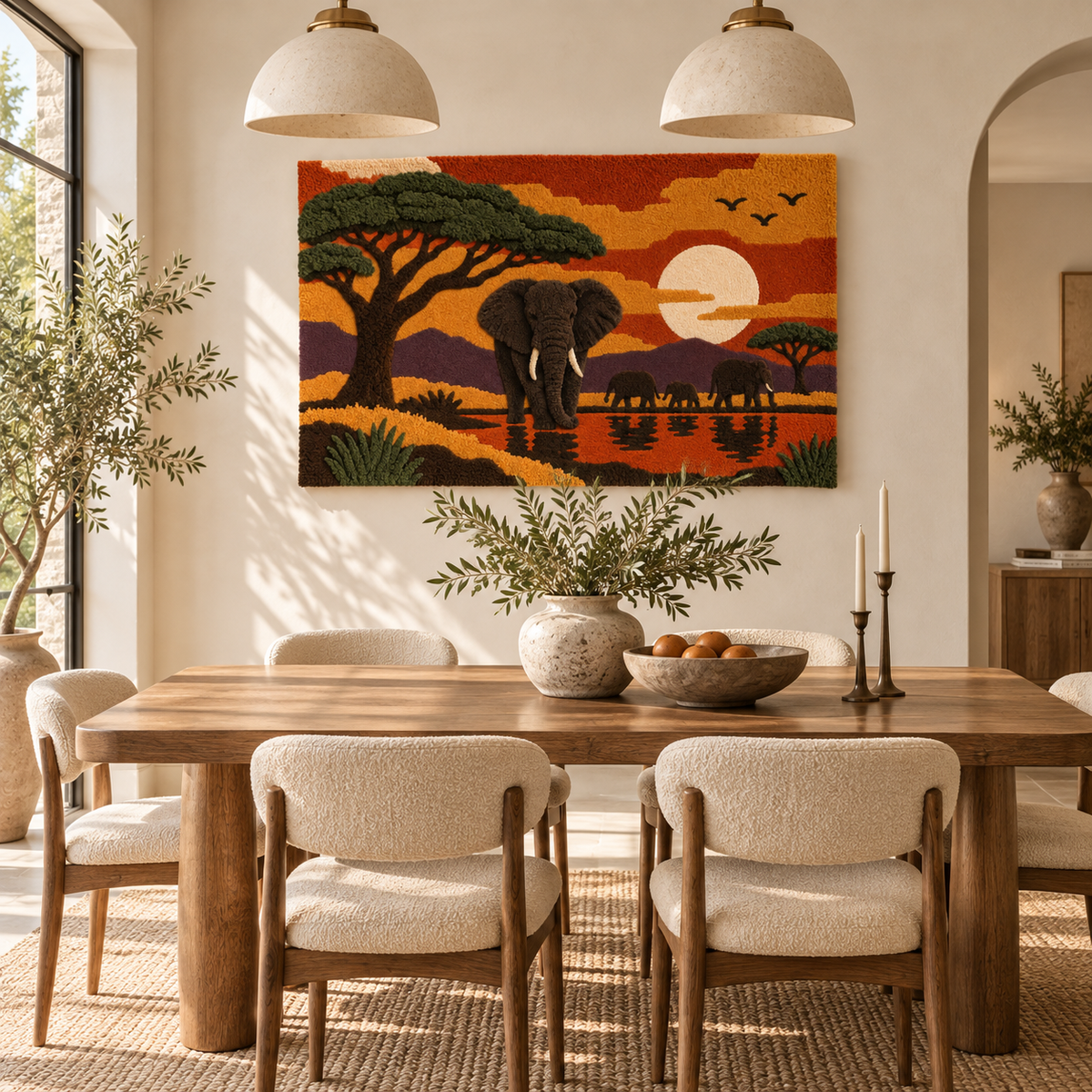 Hewn Earth Acacia Sunset Elephants wall art featuring a serene sunset scene with elephants, ideal for home decor.