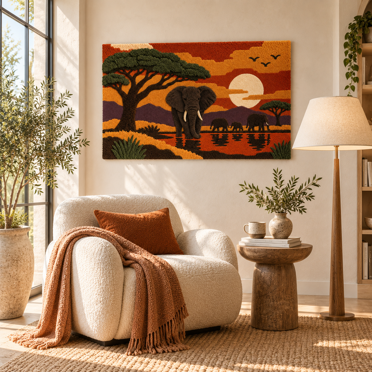 Hewn Earth Acacia Sunset Elephants wall art featuring a vibrant sunset scene with elephants, ideal for home decor.