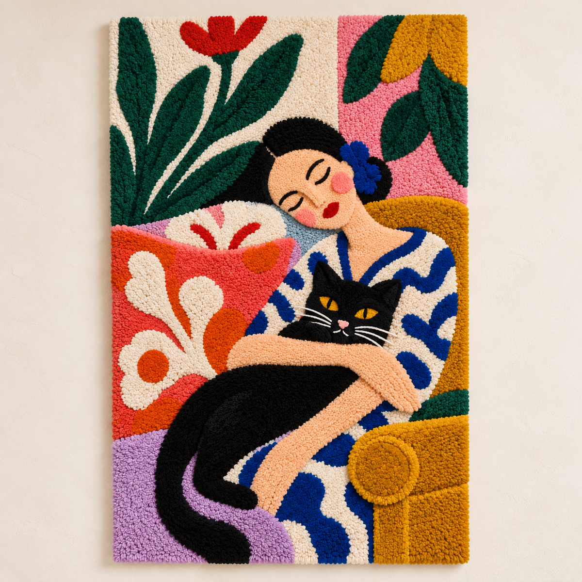Hewn Earth wall art featuring a peaceful scene of a person napping with a black cat in a cozy indoor setting.