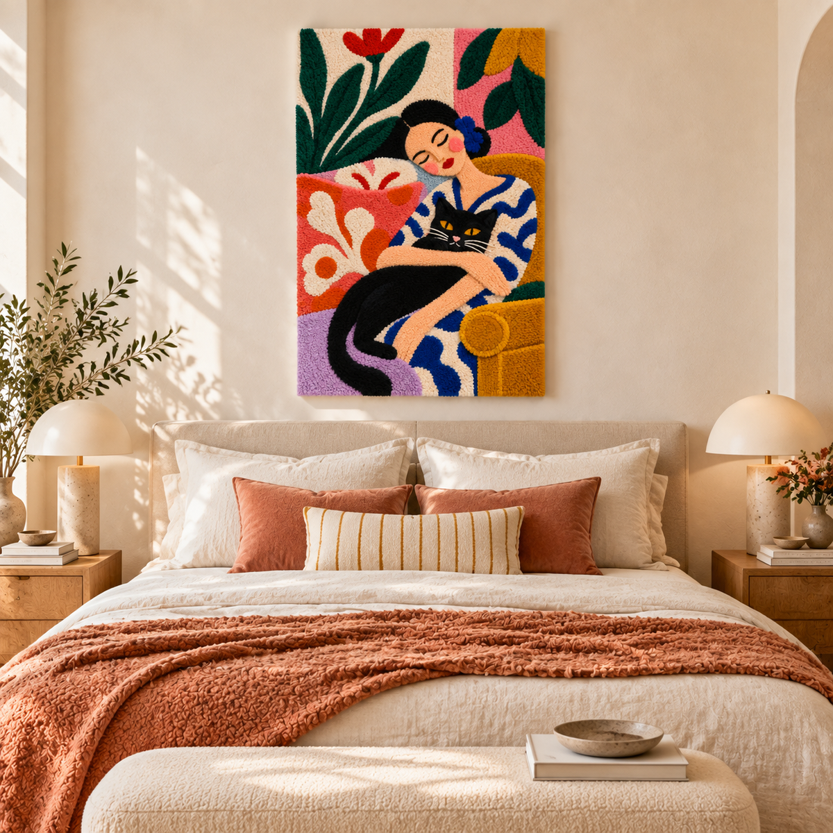 Hewn Earth wall art titled "Afternoon Nap with a Black Cat" depicting a cozy room scene with a black cat resting.