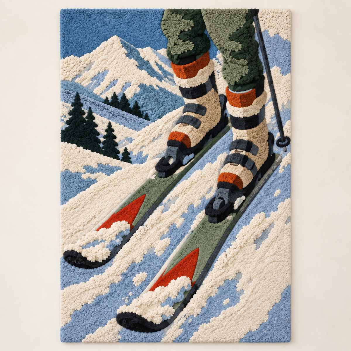 Hewn Earth Alpine Ski Descent wall art features a scenic mountain ski descent illustration in a light color scheme.