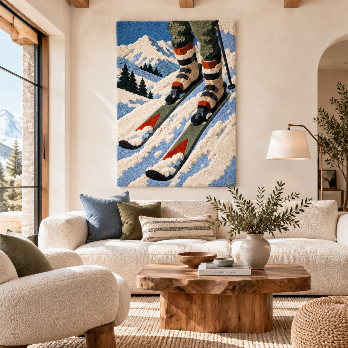 Hewn Earth Alpine Ski Descent wall art featuring a mountain ski scene displayed on a wall in a modern room.