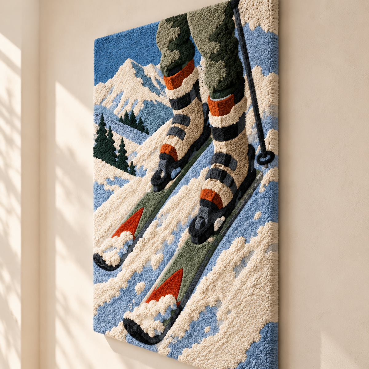 Hewn Earth Alpine Ski Descent wall art featuring a dynamic mountain ski scene in a modern, stylish print.