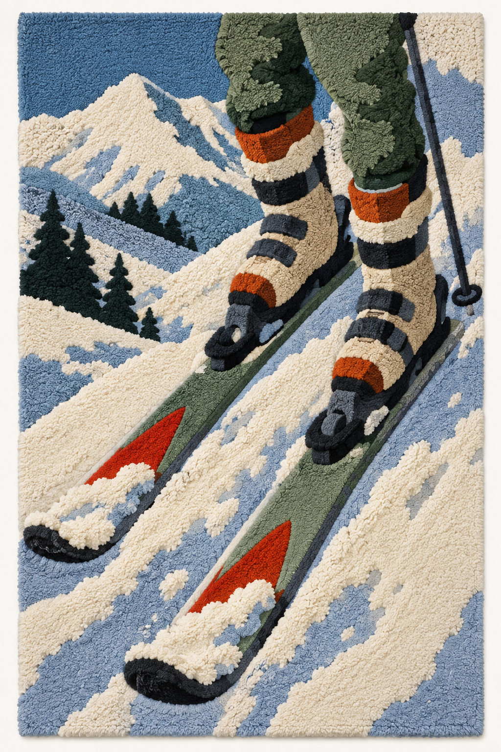 Hewn Earth wall art featuring an alpine ski descent scene, showcasing a snowy mountain landscape with skiers in action.