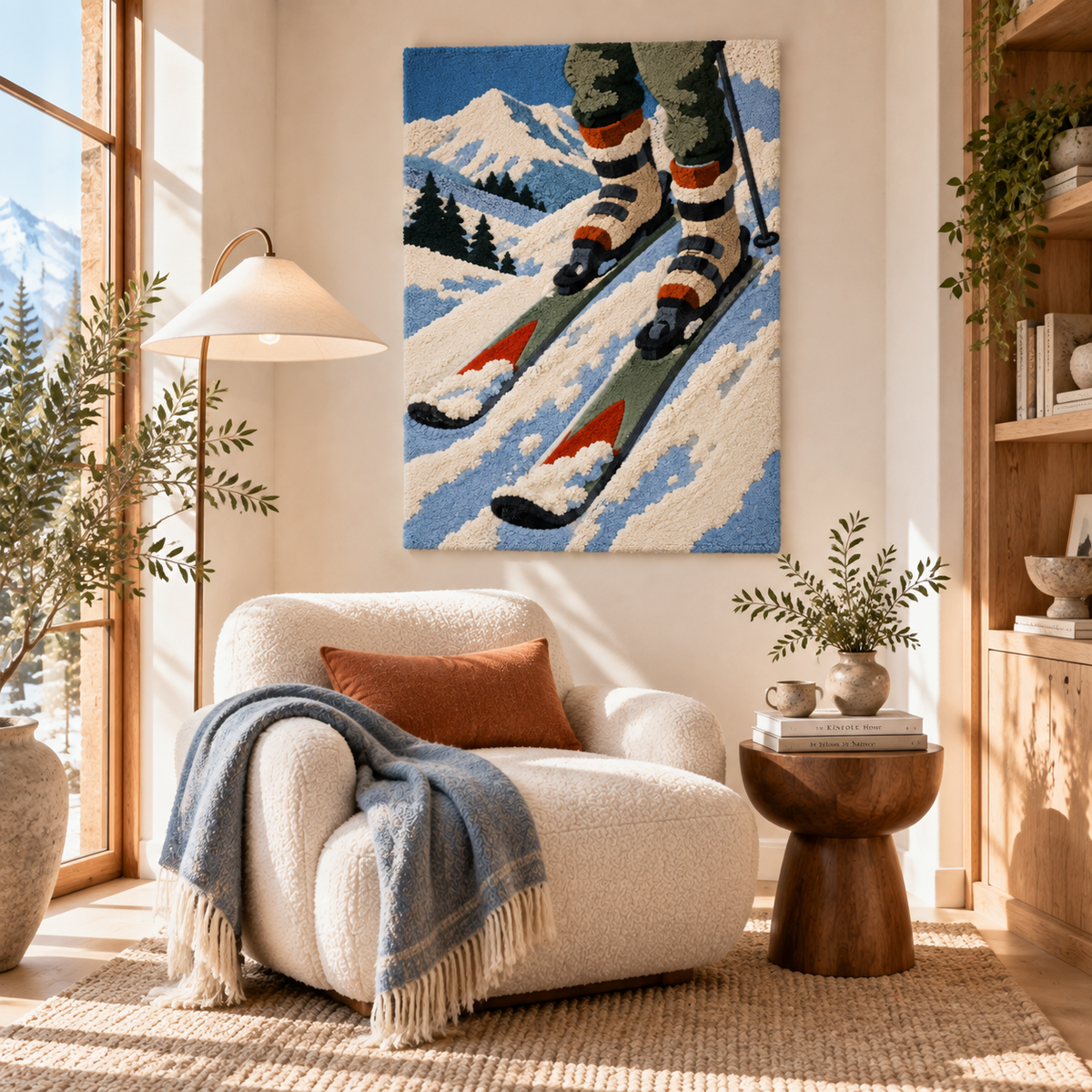 Hewn Earth Alpine Ski Descent wall art featuring a scenic mountain ski scene for home decor.
