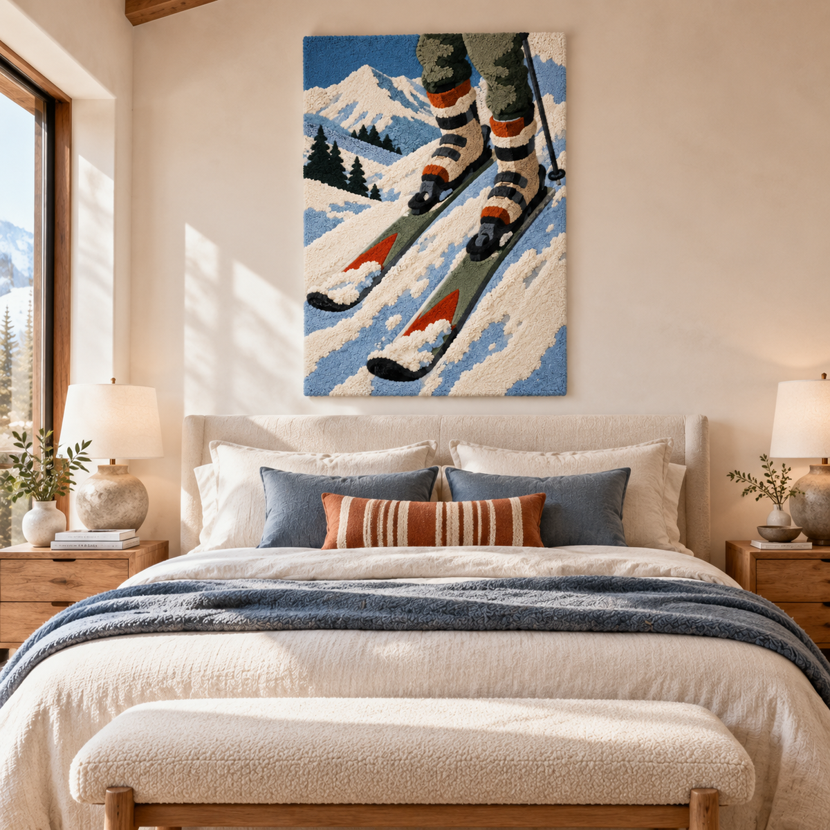 Hewn Earth wall art featuring a scenic alpine ski descent landscape, perfect for mountain and ski decor in a room.