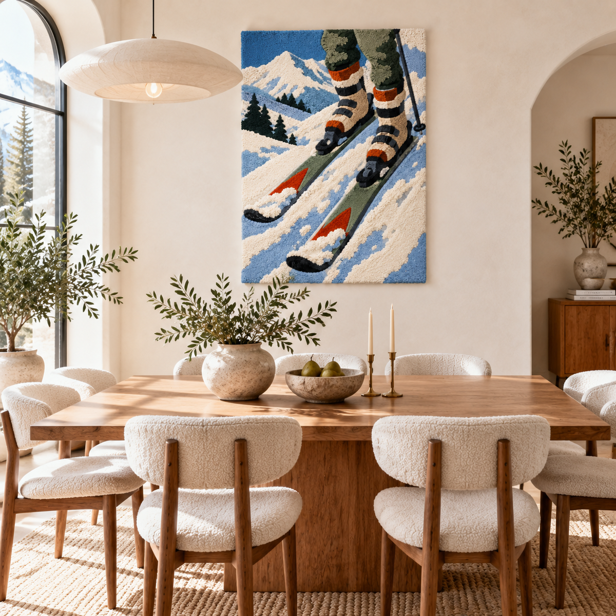 Hewn Earth Alpine Ski Descent wall art featuring a mountain ski scene, perfect for decorating a winter sports-themed room.