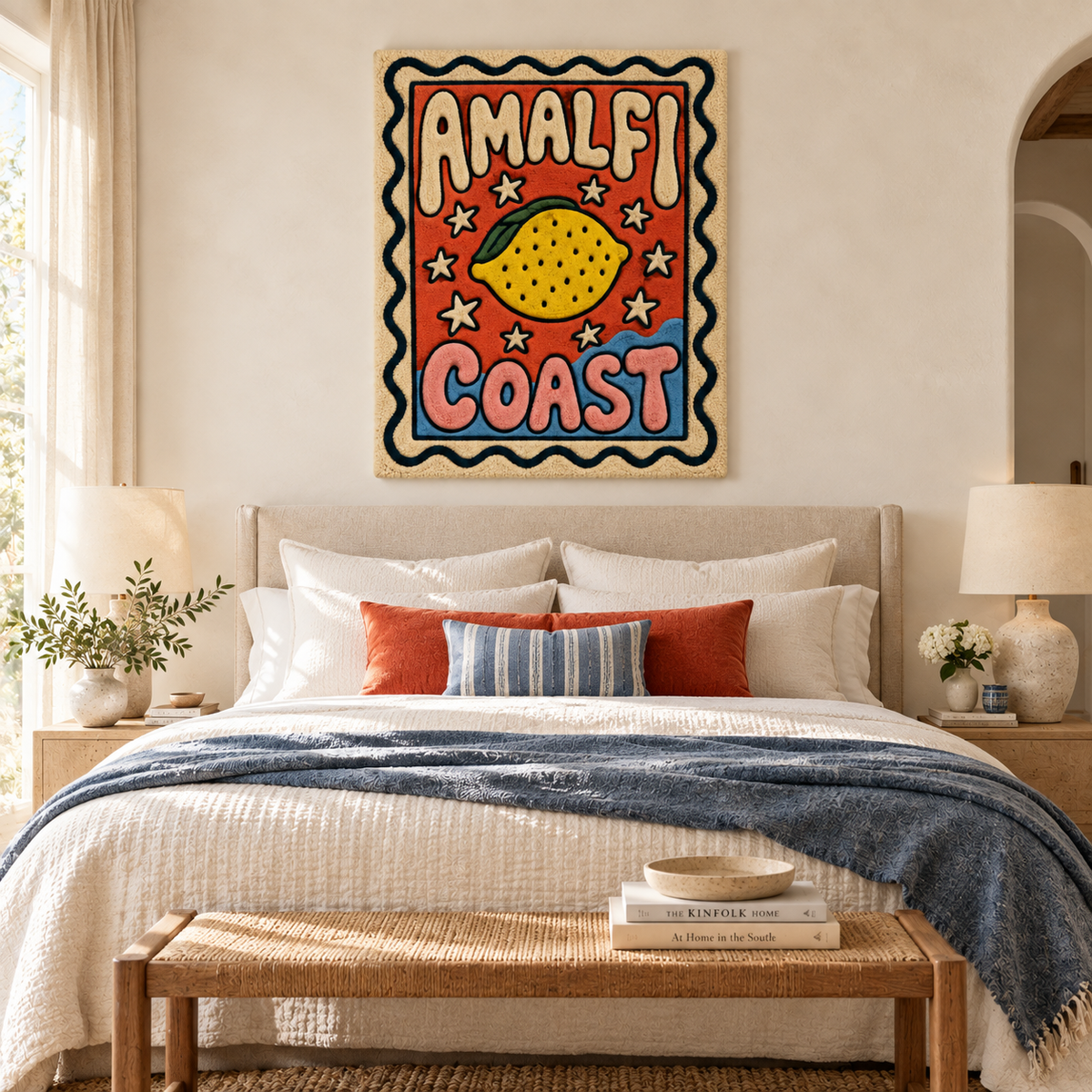 Hewn Earth Amalfi Lemon Postcard wall art featuring a vibrant lemon illustration displayed on a room wall.