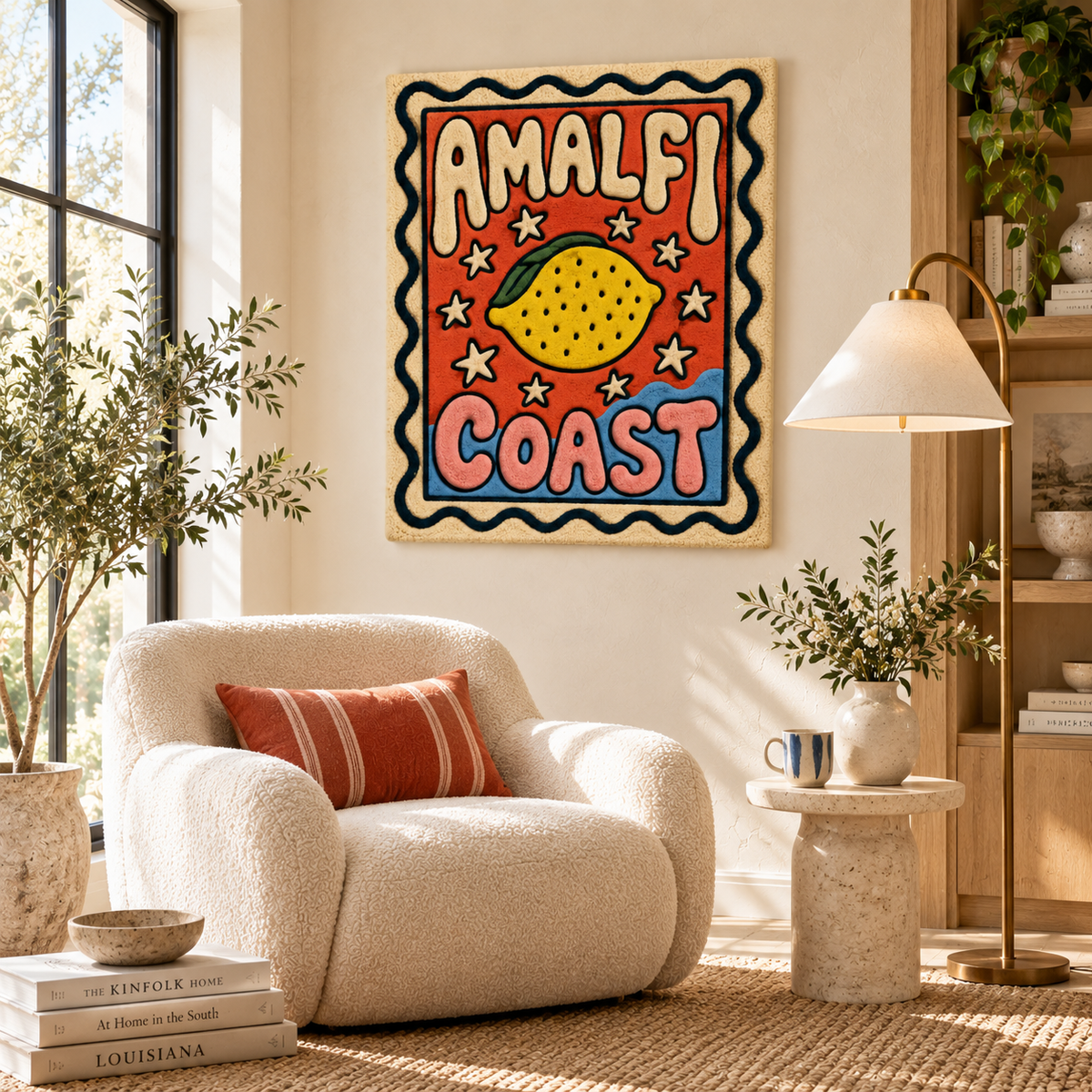 Hewn Earth Amalfi Lemon Postcard wall art featuring a vibrant lemon illustration, perfect for brightening any room decor.