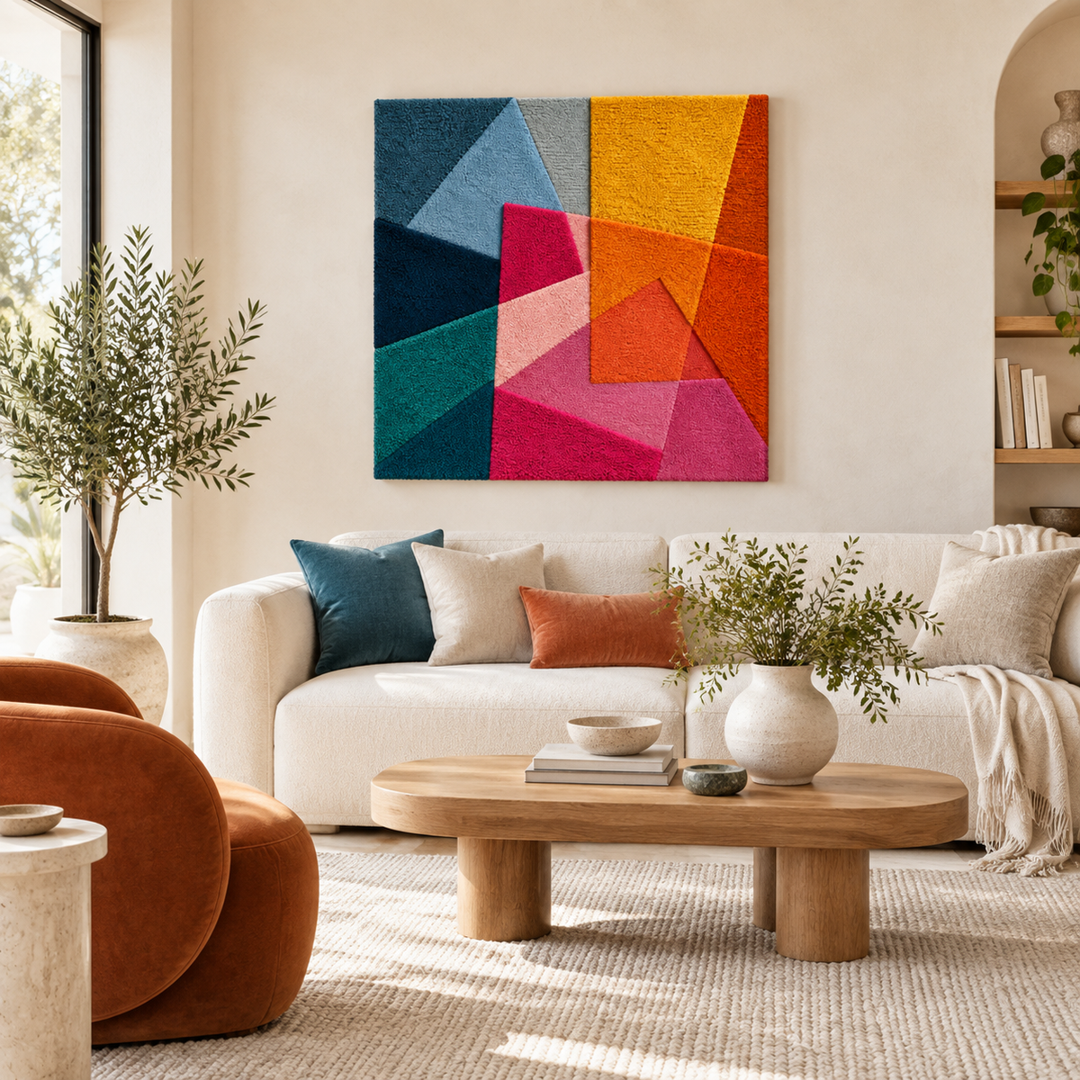 Hewn Earth Amber and Rose Prism Dance wall art featuring warm amber and pink rose hues with abstract geometric design.