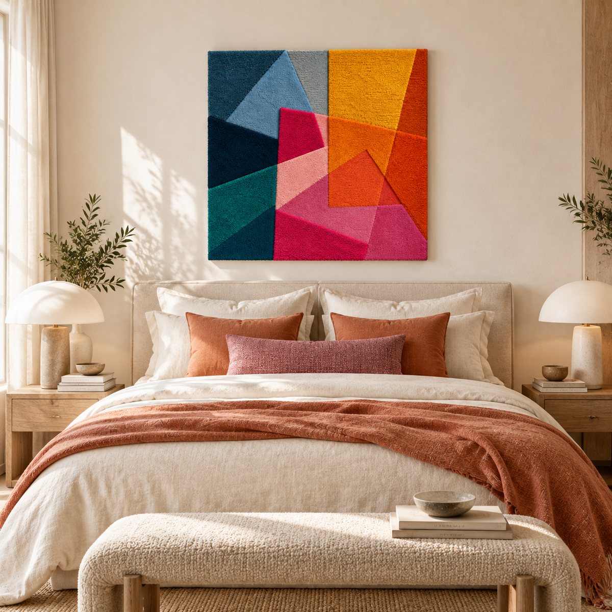 Hewn Earth Amber and Rose Prism Dance wall art featuring warm amber and soft rose hues with geometric prism design.