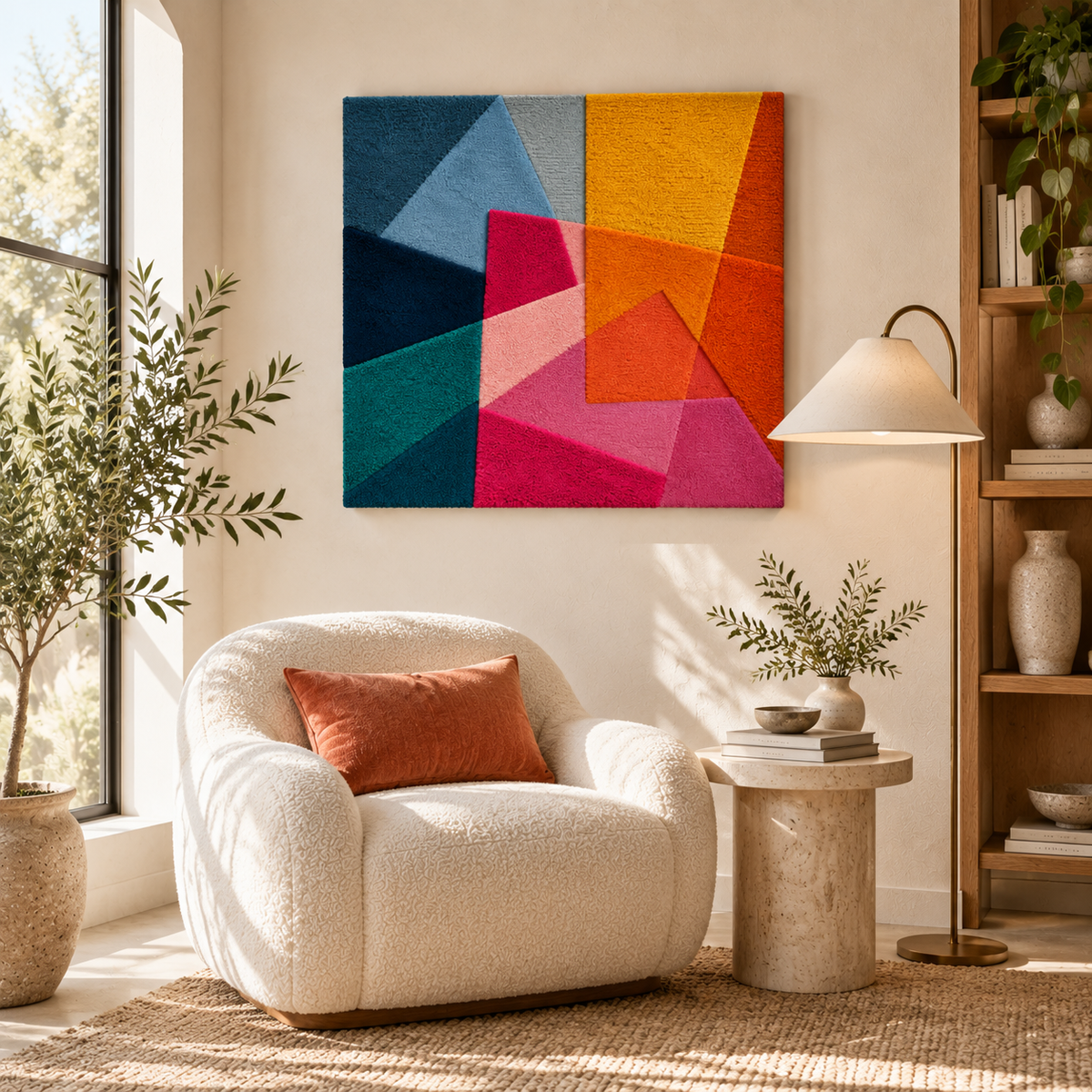 Hewn Earth Amber and Rose Prism Dance wall art featuring vibrant amber and pink hues with geometric prism design.