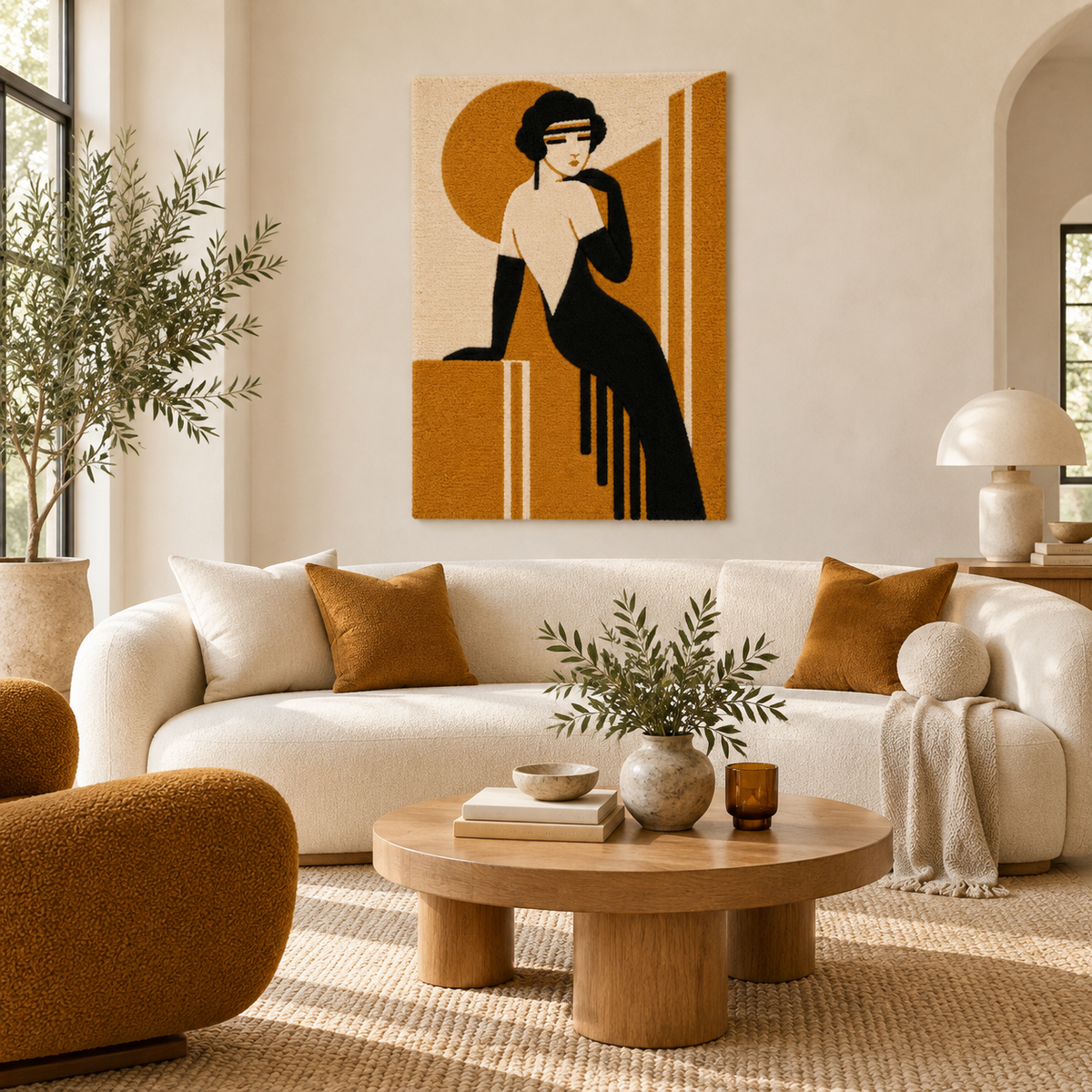 Hewn Earth Amber Evening Recline wall art featuring an abstract amber-colored reclining figure on a neutral background.