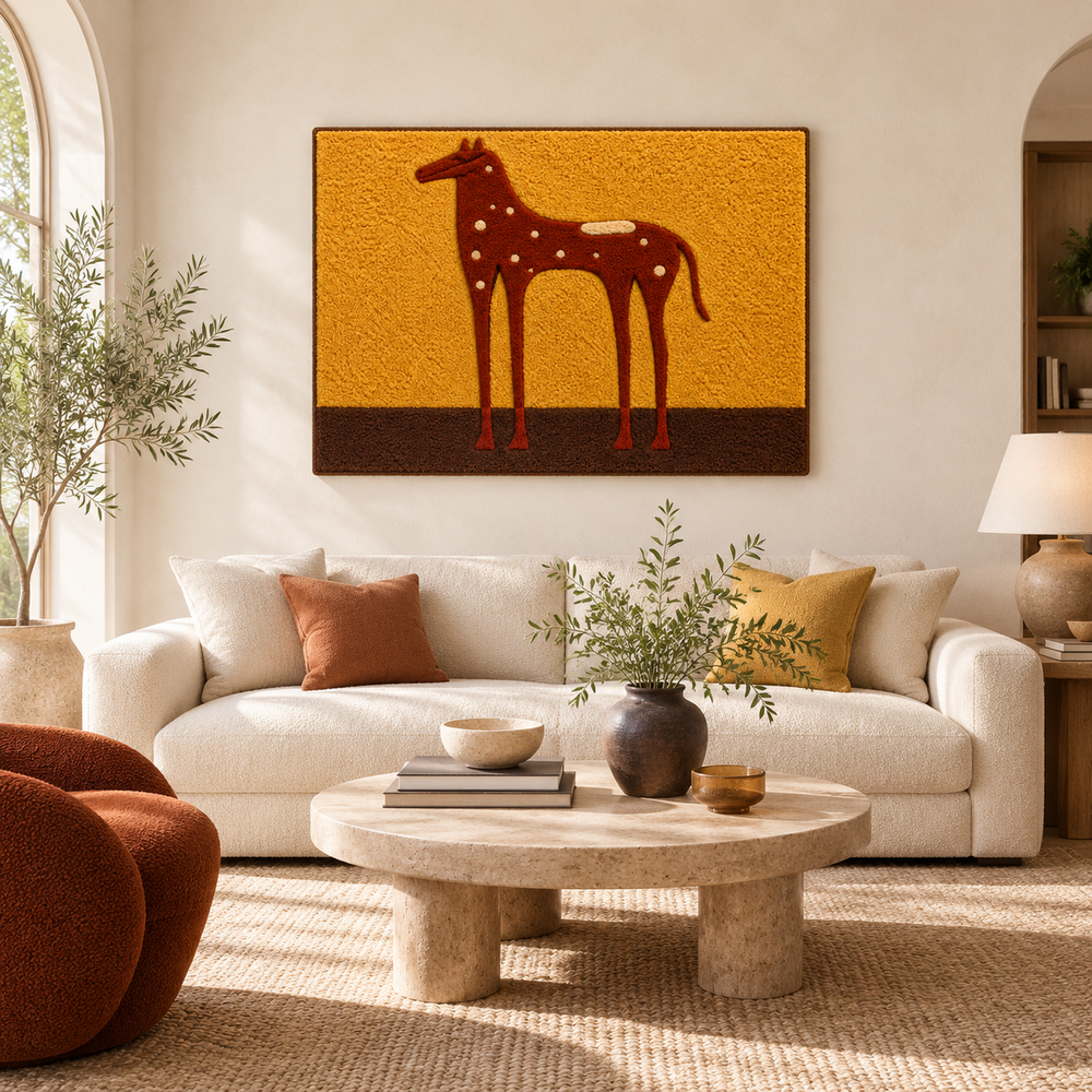 Hewn Earth amber foal wall art featuring a detailed amber-colored foal sculpture on a neutral background.