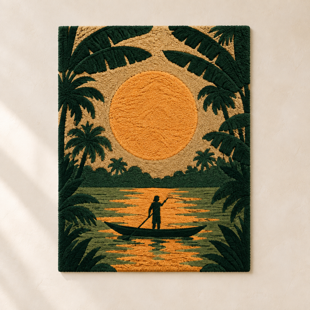 Hewn Earth Amber Palm Lagoon wall art featuring a vibrant amber-colored palm tree design on a light background.