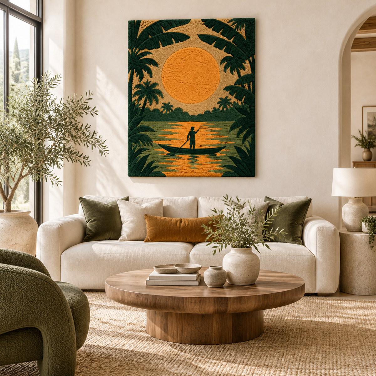 Hewn Earth Amber Palm Lagoon wall art featuring warm amber tones and tropical palm leaf design, ideal for modern room decor