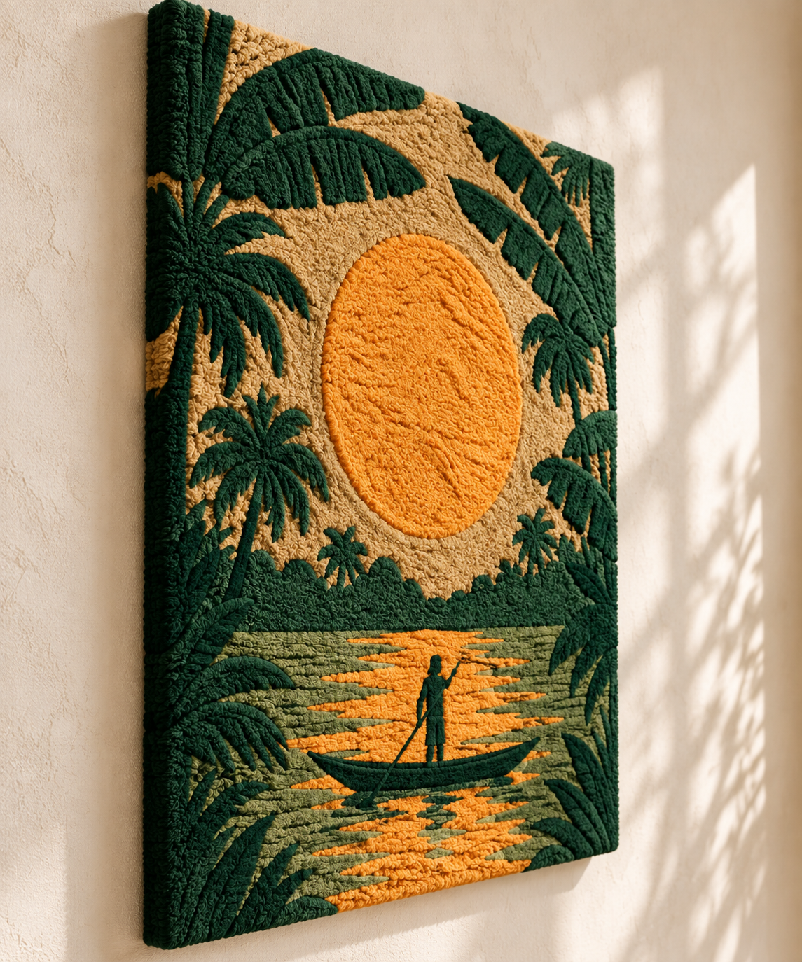 Hewn Earth Amber Palm Lagoon wall art featuring warm amber tones and a lush tropical palm landscape on a framed canvas.