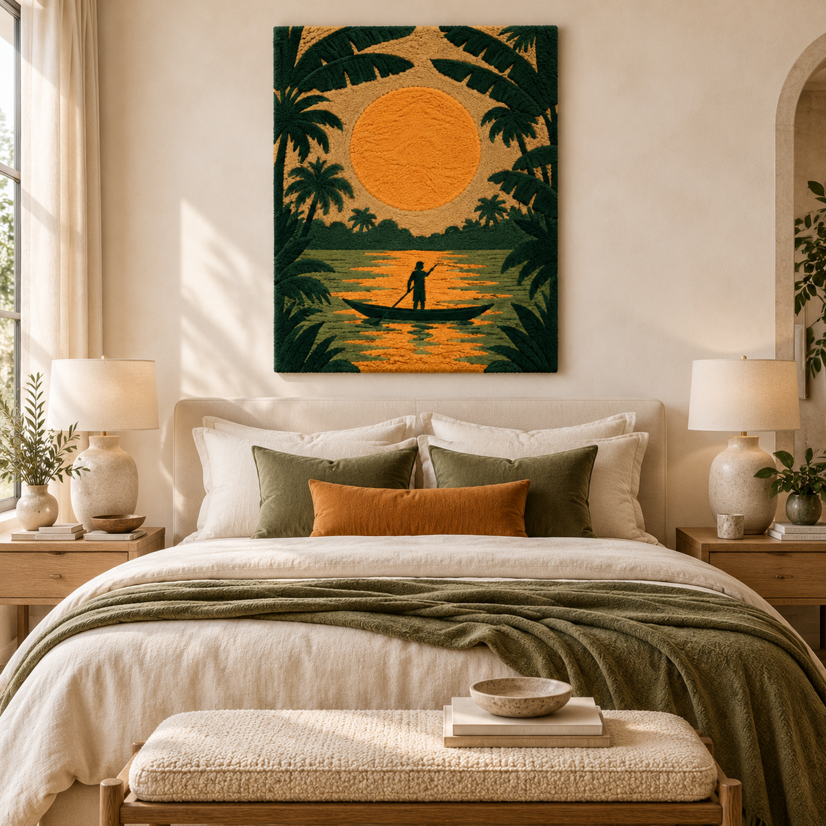 Hewn Earth Amber Palm Lagoon wall art scene featuring warm amber tones and lush palm leaves on a contemporary wall display.