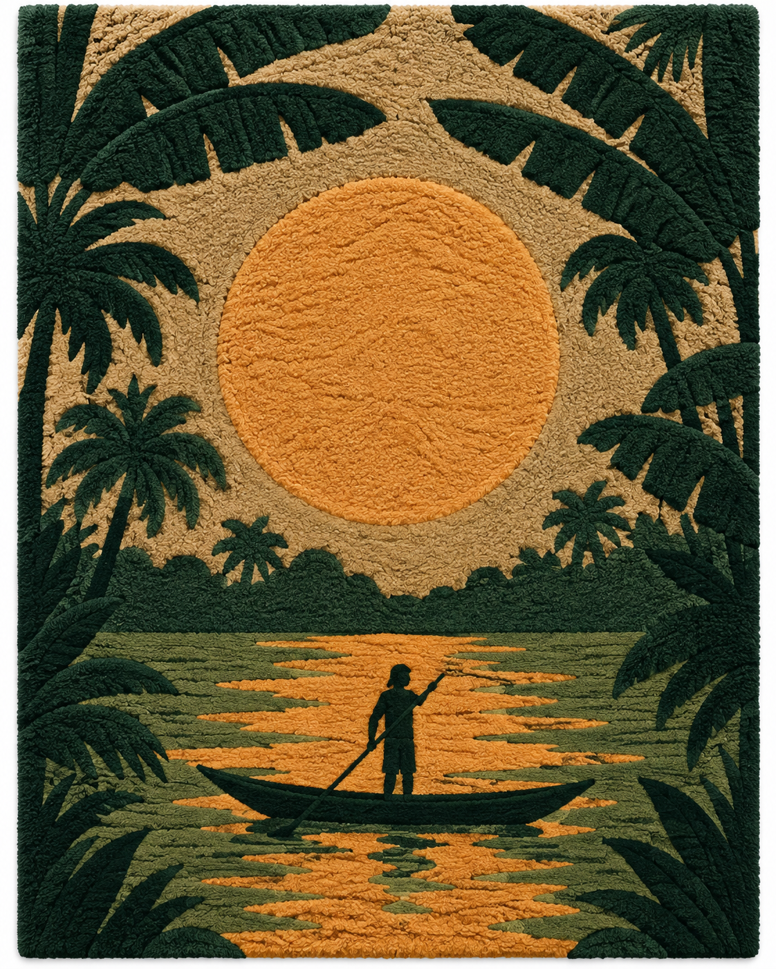 Hewn Earth Amber Palm Lagoon wall art featuring warm amber tones and tropical palm imagery on a textured background.