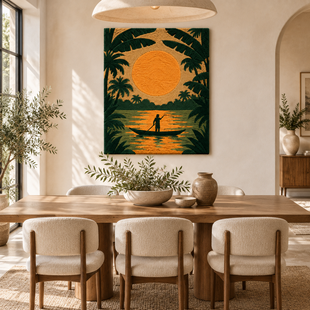 Hewn Earth Amber Palm Lagoon wall art featuring a vibrant tropical scene with lush palm trees and a lagoon setting.