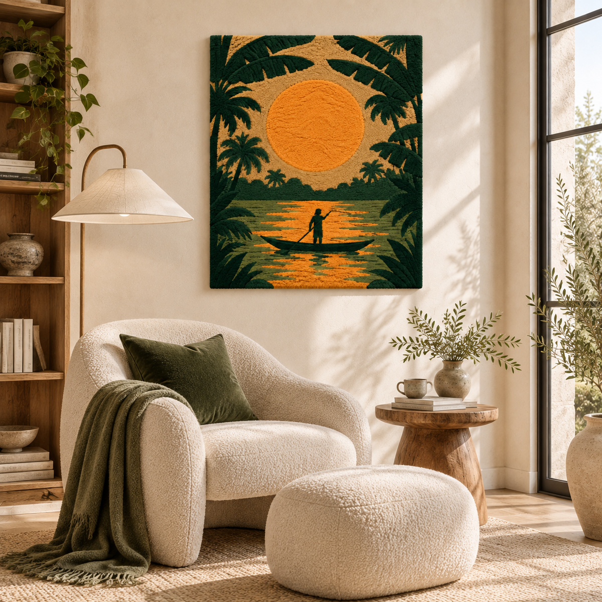 Hewn Earth Amber Palm Lagoon wall art featuring a tropical scene with lush palm trees and warm amber tones.