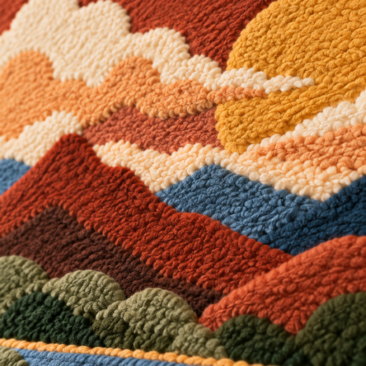 Amber Sun over Layered Peaks — tufted wool texture detail