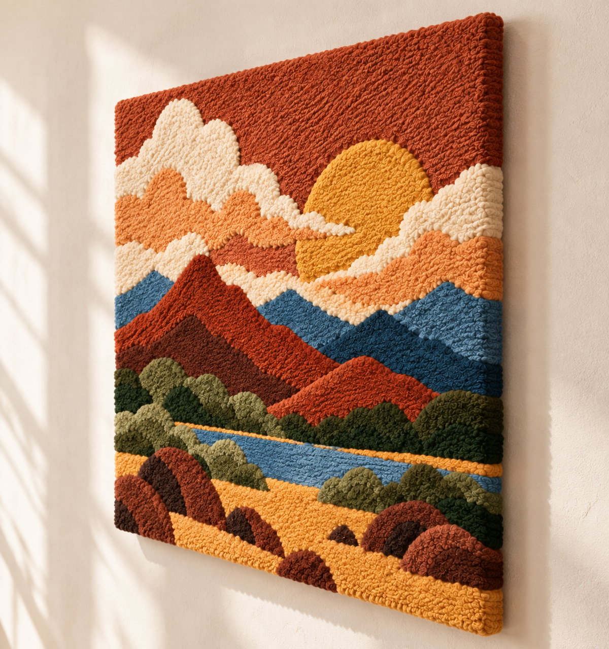 Amber Sun over Layered Peaks — angled relief view