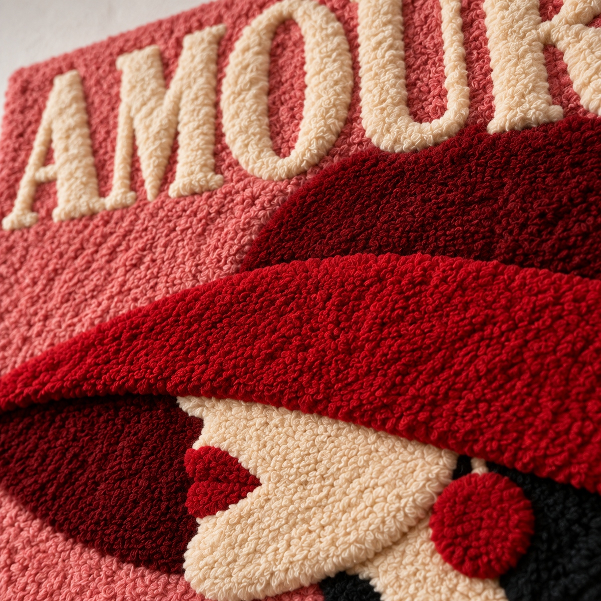 Amour in a Crimson Hat — tufted wool texture detail