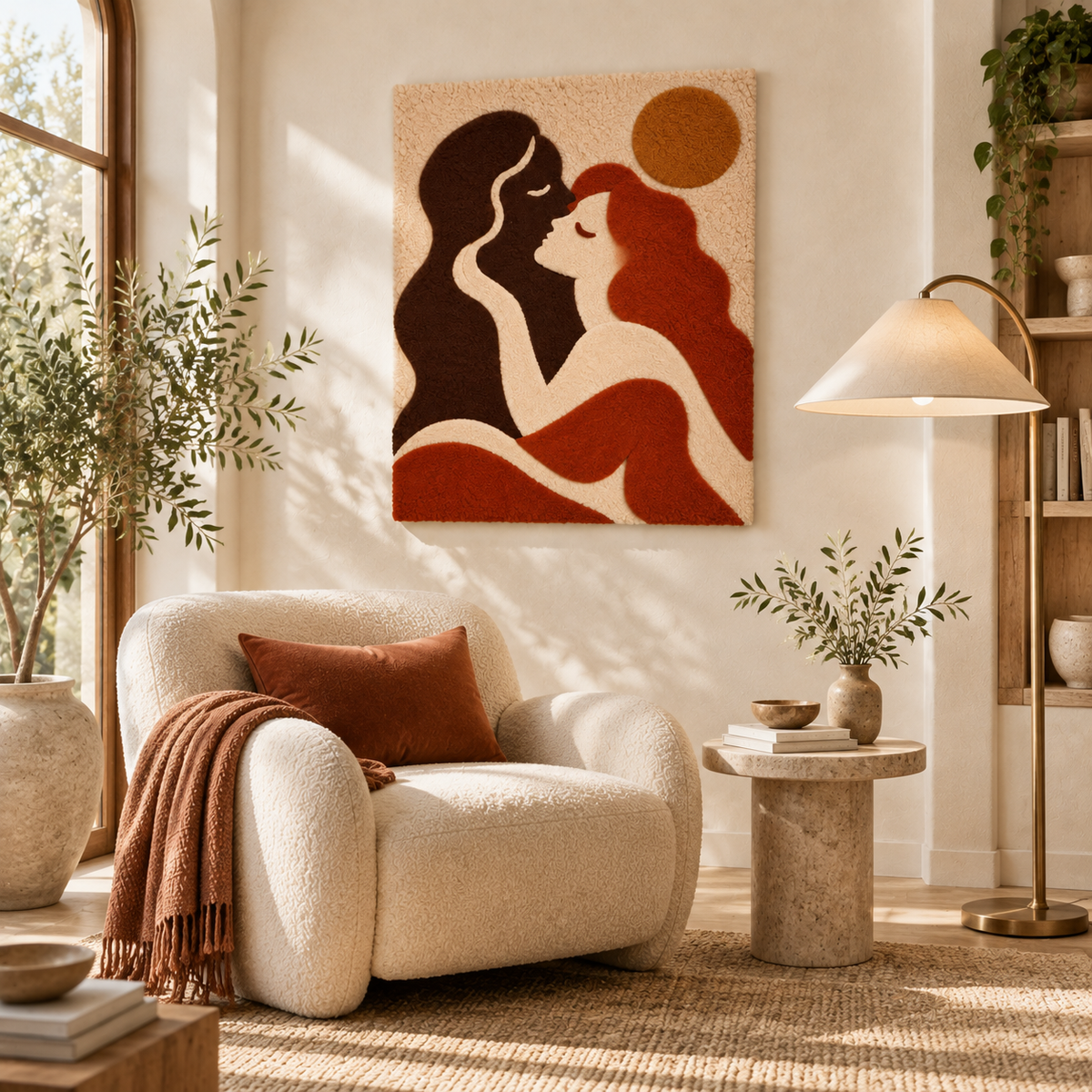 Hewn Earth wall art titled "An Embrace Beneath the Ochre Sun" featuring a warm, sunlit room scene with artistic decor.