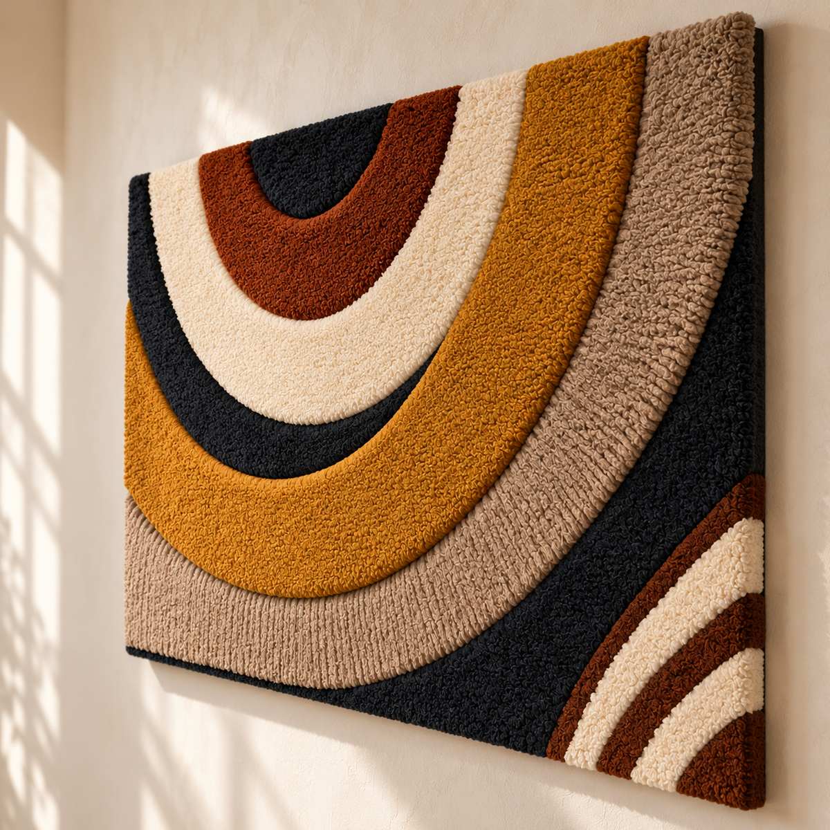 Hewn Earth Autumn Arc Cascade wall art featuring warm autumn leaves in a cascading design, viewed from an angled perspective.