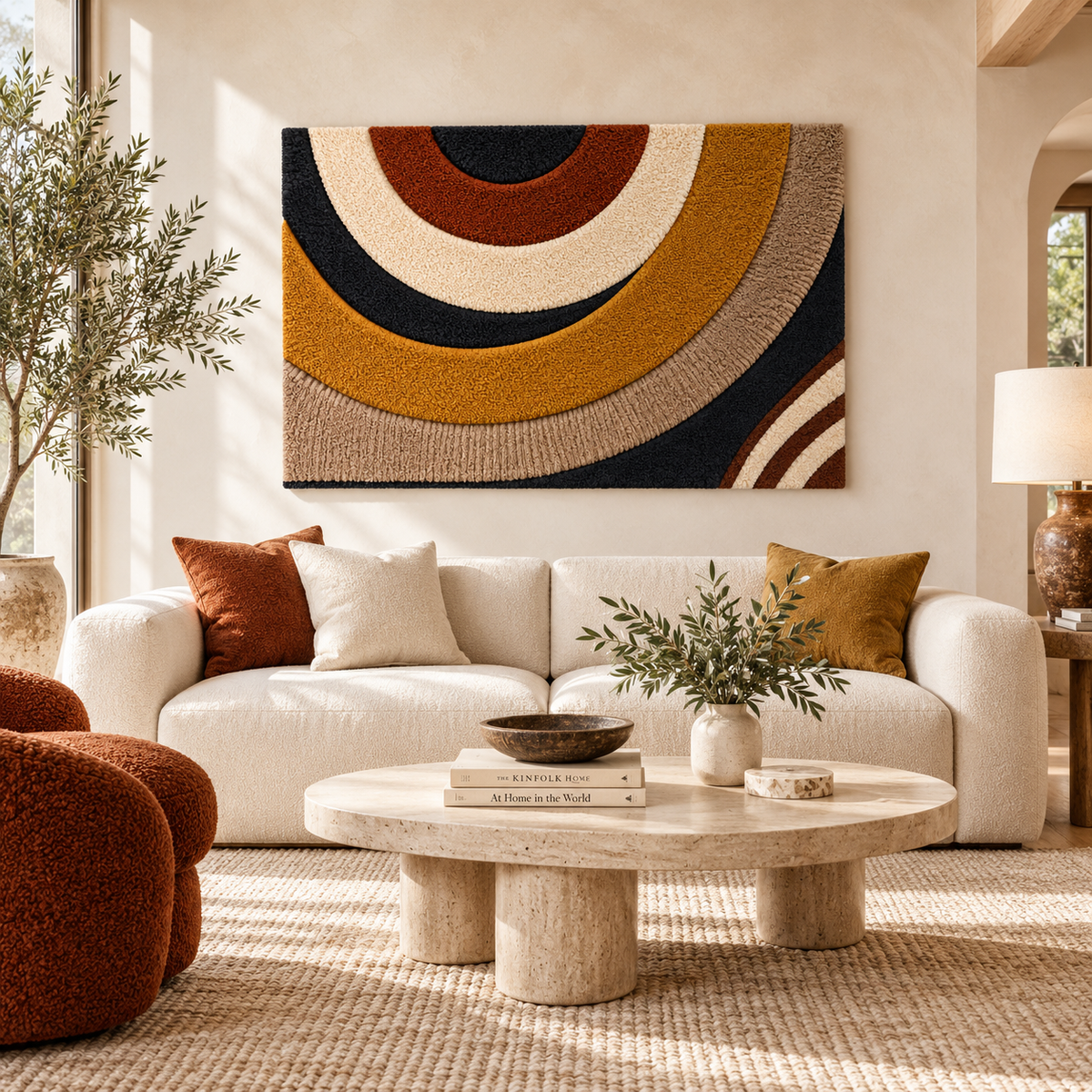 Hewn Earth Autumn Arc Cascade wall art featuring warm autumn colors and a flowing, abstract design for wall decoration.