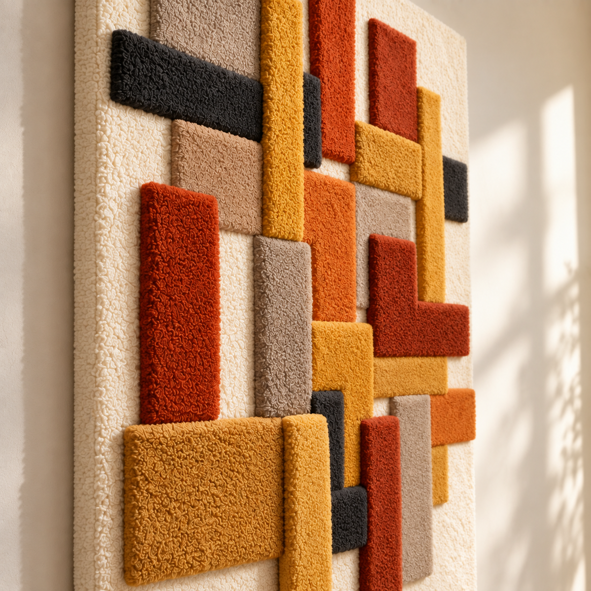 Hewn Earth Autumn Bars Vertical Counterpoint wall art featuring warm autumn colors and abstract geometric design.