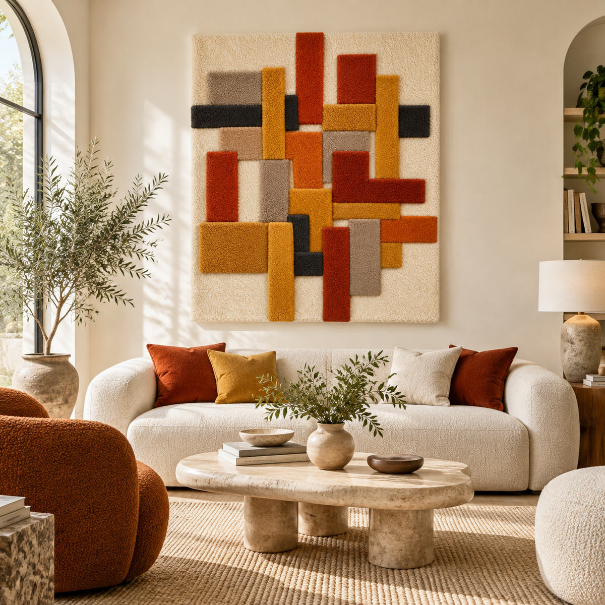 Hewn Earth Autumn Bars Vertical Counterpoint wall art featuring warm autumn-colored abstract designs in a modern frame.