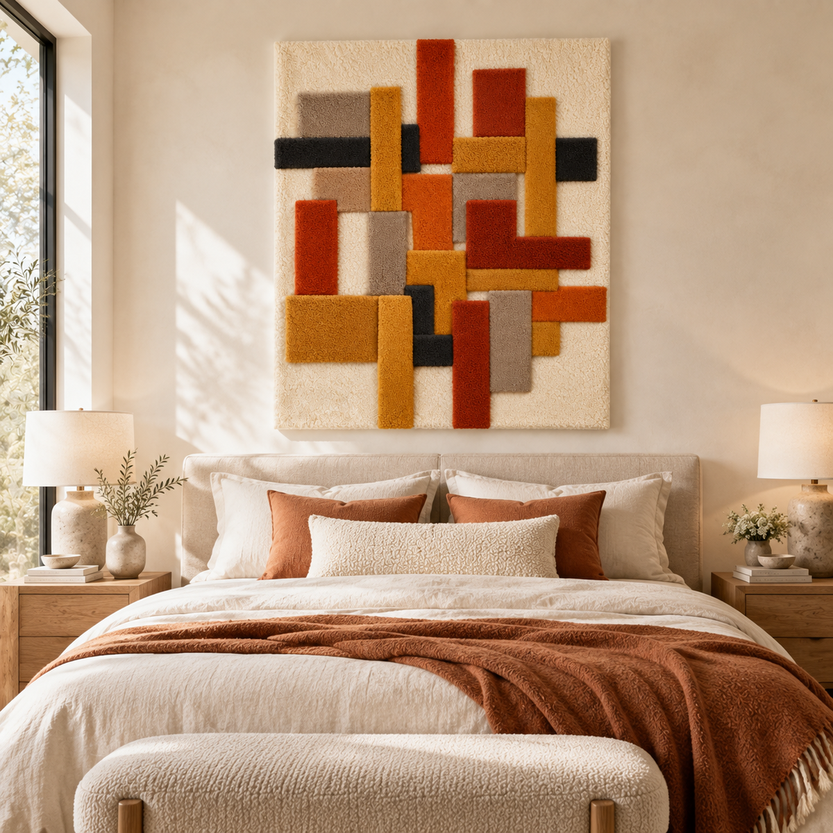 Hewn Earth Autumn Bars Vertical Counterpoint wall art featuring warm autumn colors and geometric design for modern home decor.