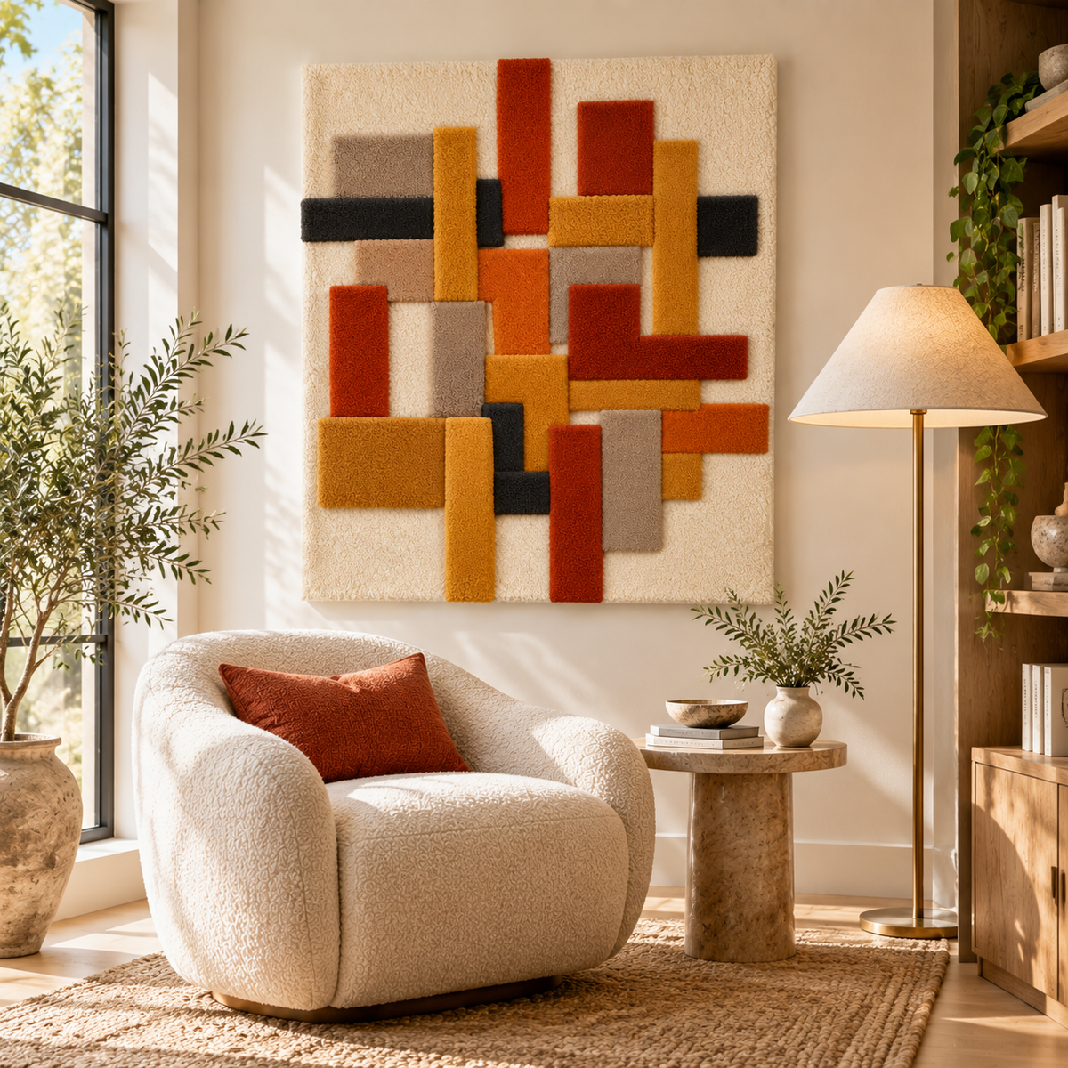 Hewn Earth Autumn Bars Vertical Counterpoint wall art featuring warm autumn leaf patterns in a modern design.