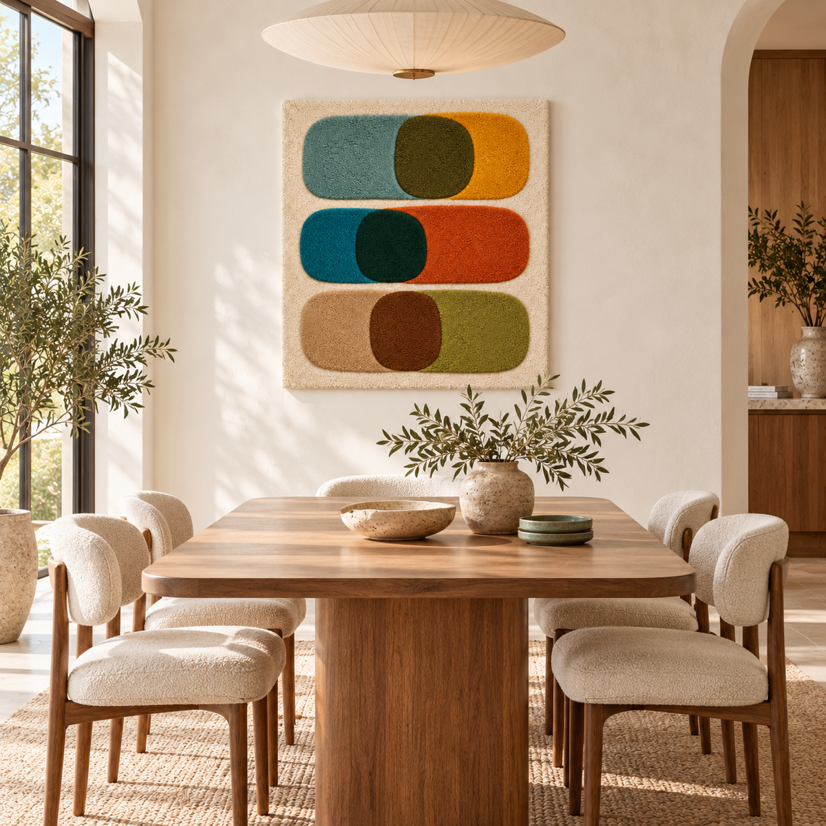 Autumn Capsule Intersections wall art by Hewn Earth, featuring abstract autumn-colored geometric shapes in a modern room setting.