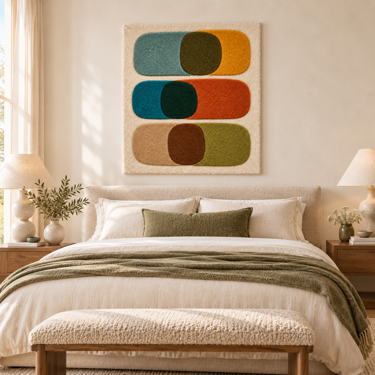 Autumn Capsule Intersections wall art by Hewn Earth featuring abstract geometric shapes in warm fall colors displayed in a room.