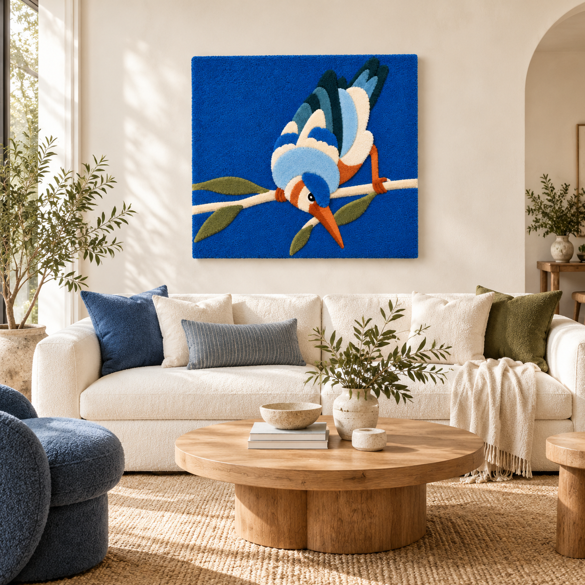 Azure Bird on a Branch — front-facing room scene [room-front]