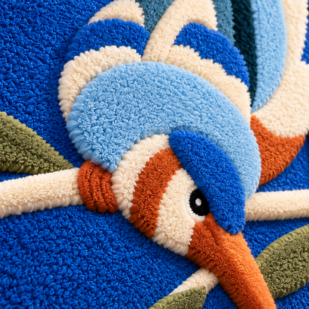 Azure Bird on a Branch — tufted wool texture detail