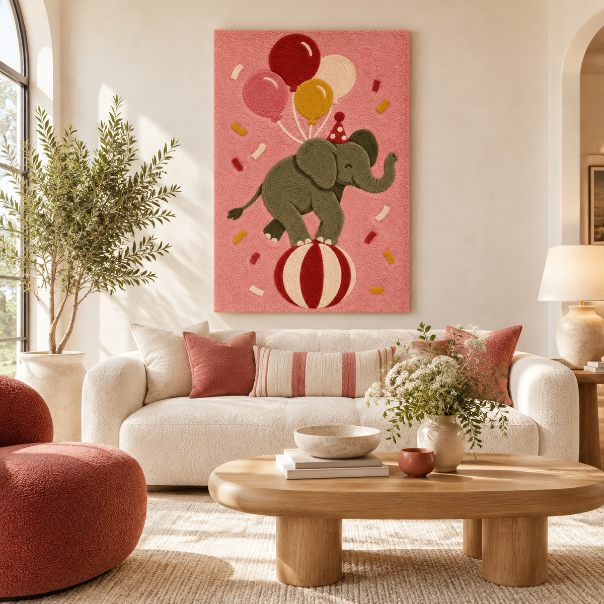 Hewn Earth Balloon Elephant Parade wall art featuring colorful balloon elephants displayed in a room setting