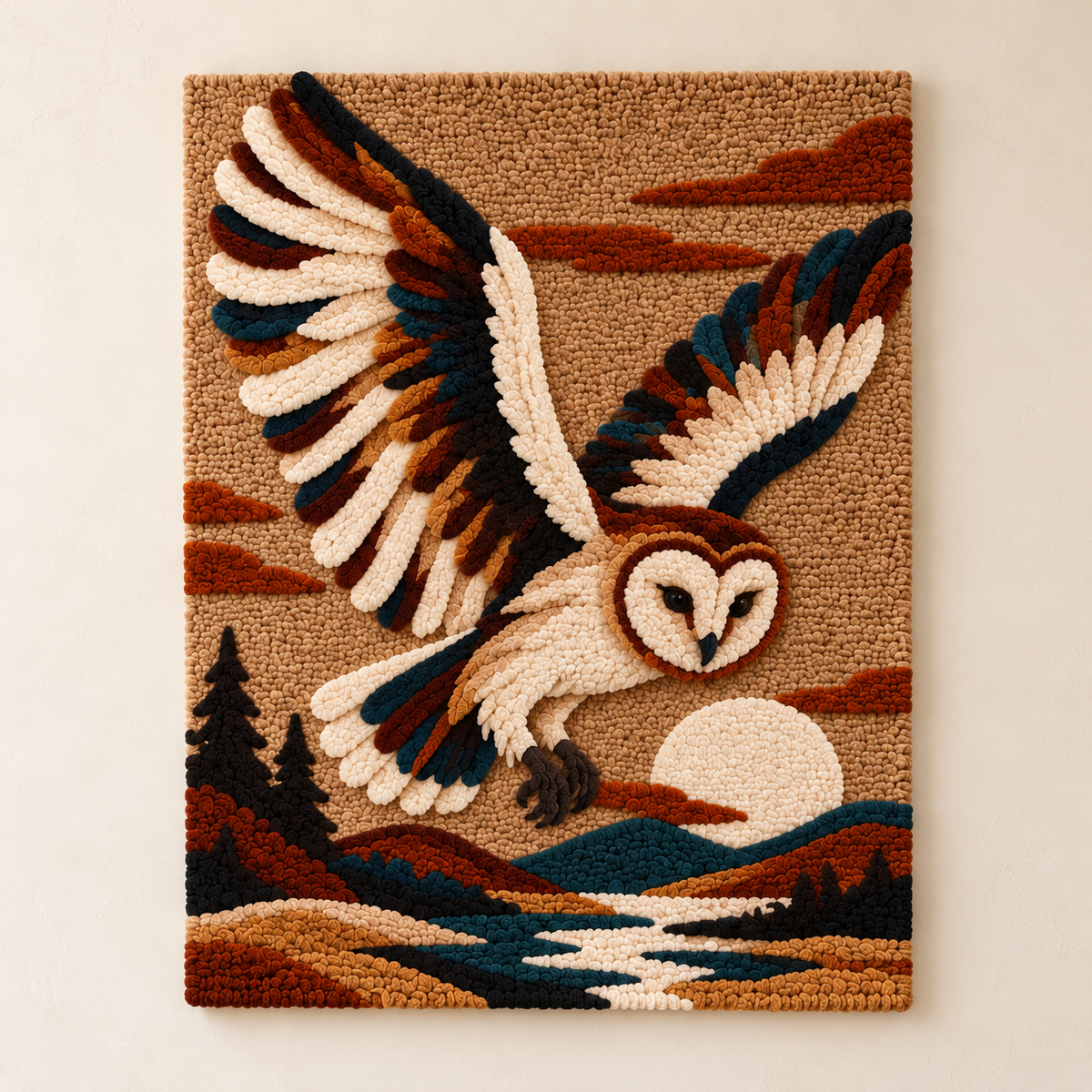 Hewn Earth wall art featuring a barn owl perched over a river, showcasing detailed nature-inspired illustration.