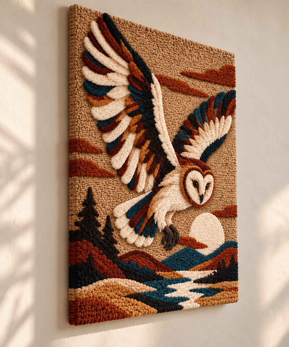 Hewn Earth barn owl wall art featuring an owl perched over a river, displayed at an angle, suitable for nature-inspired home decor.
