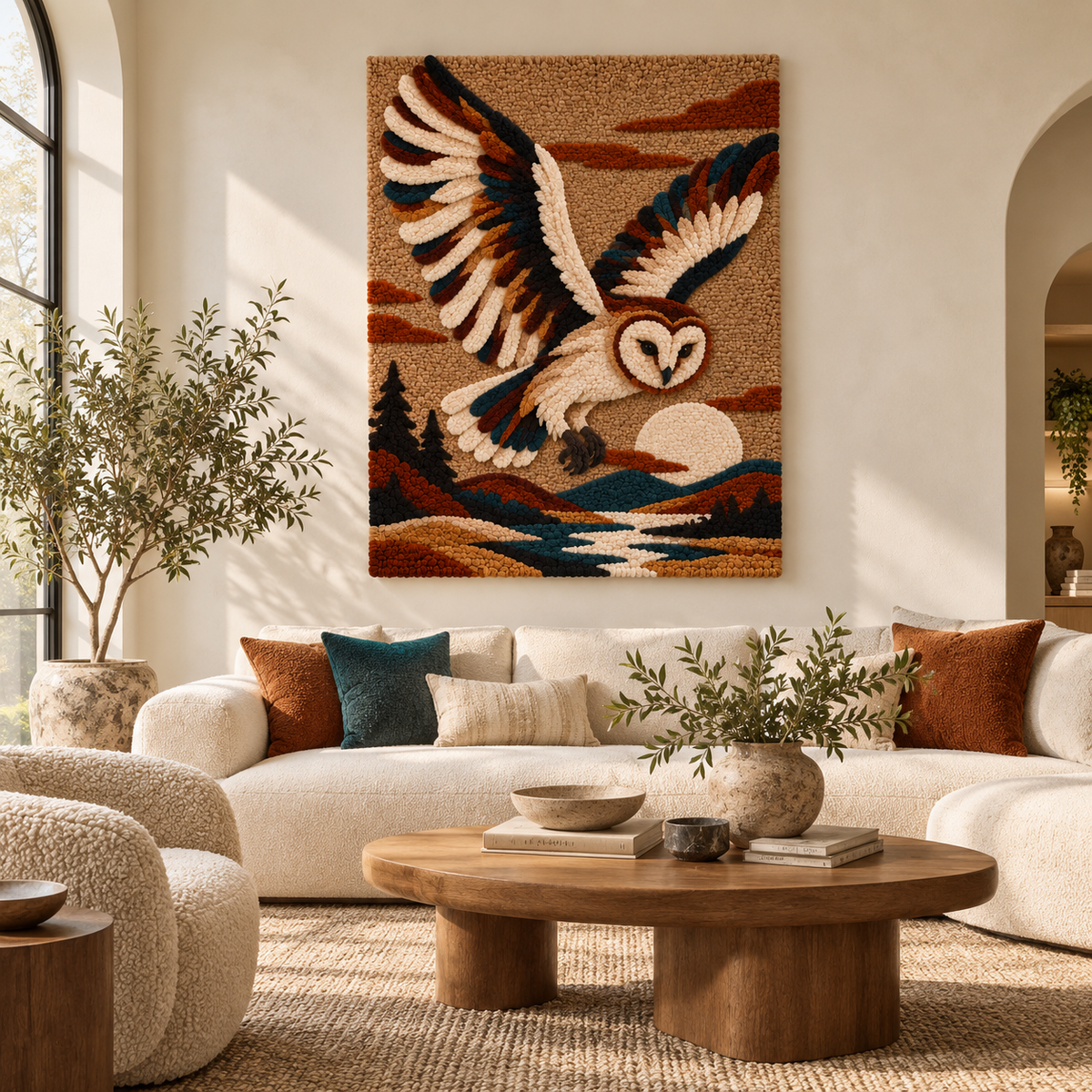 Hewn Earth wall art featuring a barn owl perched over a river with trees in a natural landscape scene.