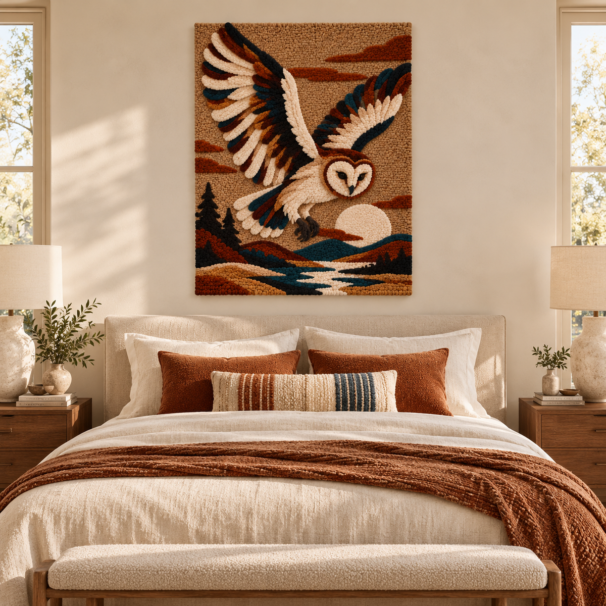 Hewn Earth wall art featuring a barn owl perched over a river with trees, displayed on a room wall.