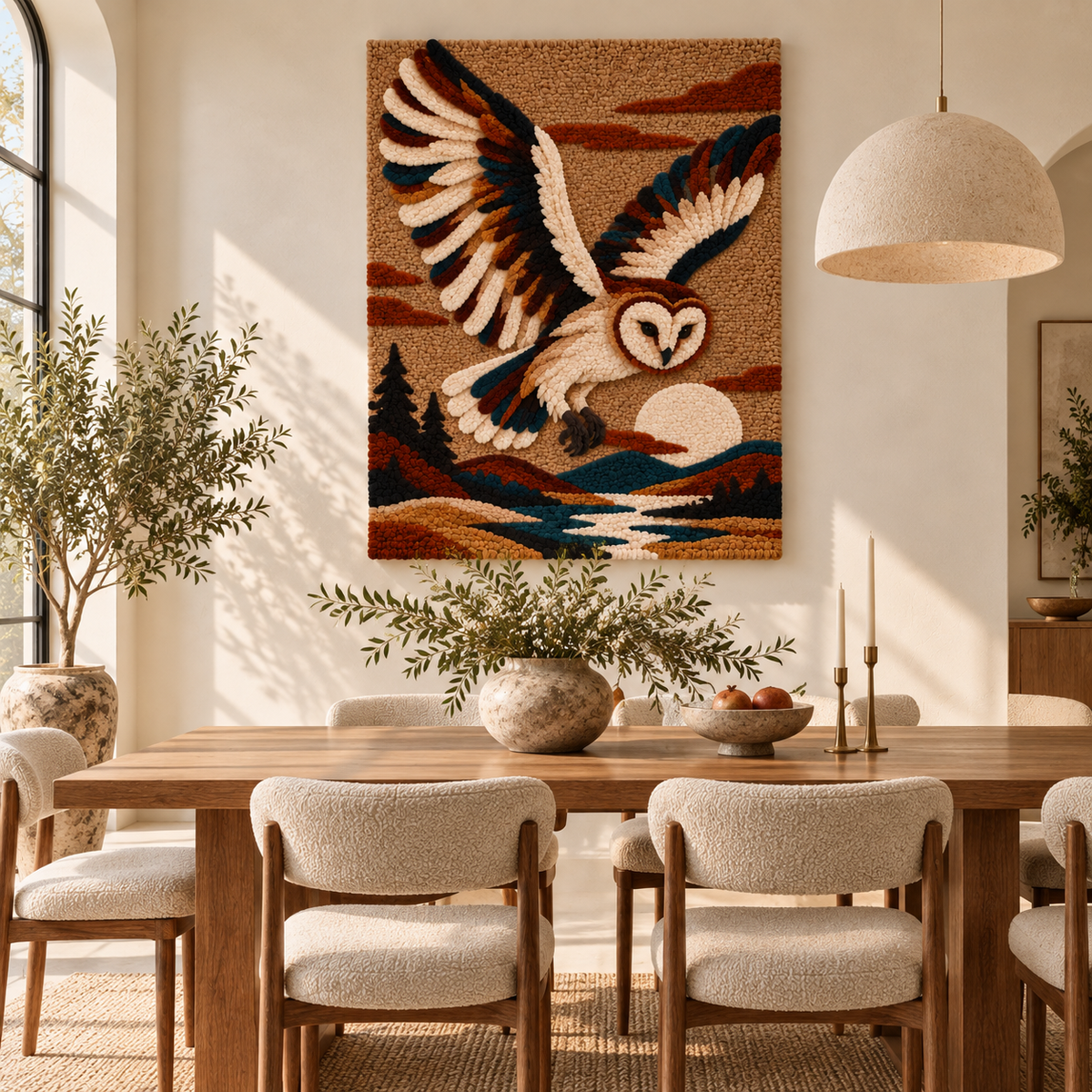 Hewn Earth wall art featuring a barn owl perched over a river, showcasing detailed nature scene on a framed wall decoration.